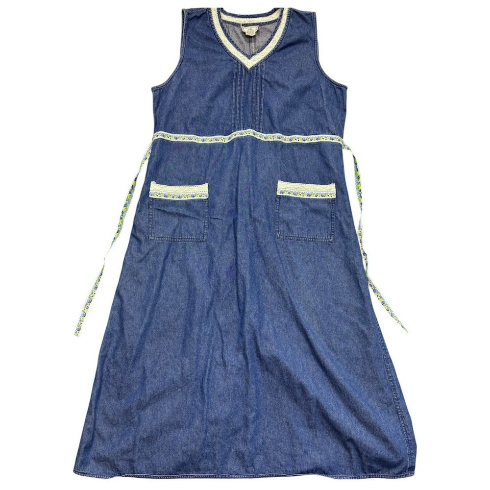 April Cornell Denim Dress Womens XL Blue Floral Sleeveless Pockets Tie Back
